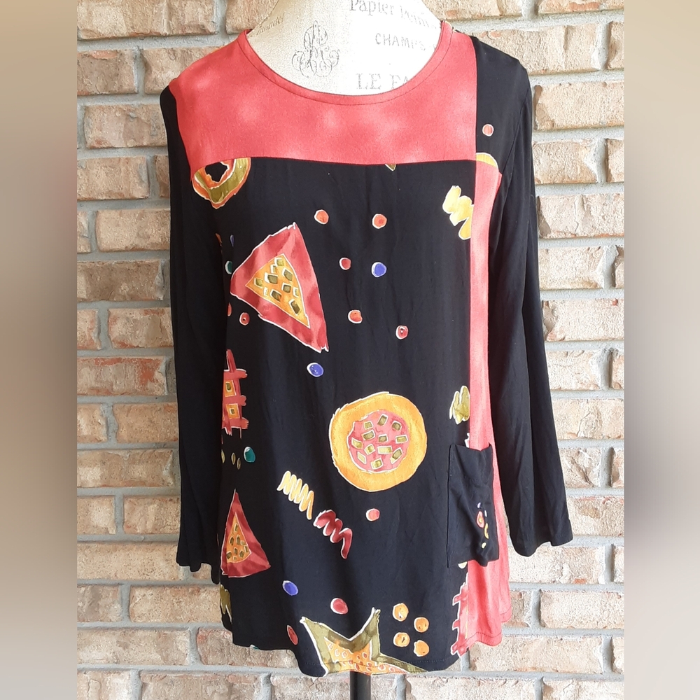 Nino Wong Vintage Long Sleeve Novelty Pizza Print Top.